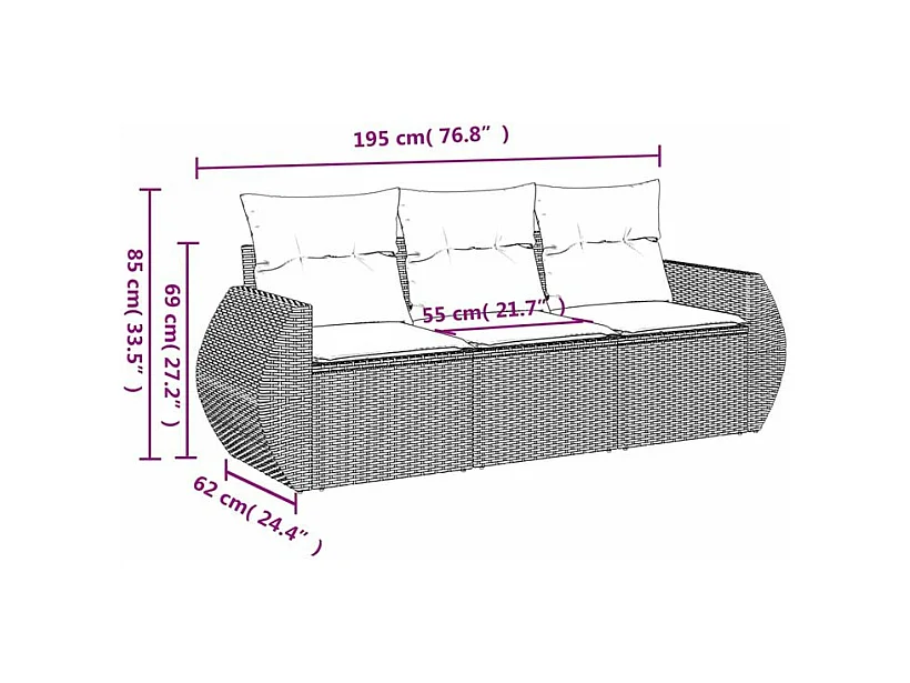 Salon de jardin avec coussins 3 pcs gris clair résine tressée