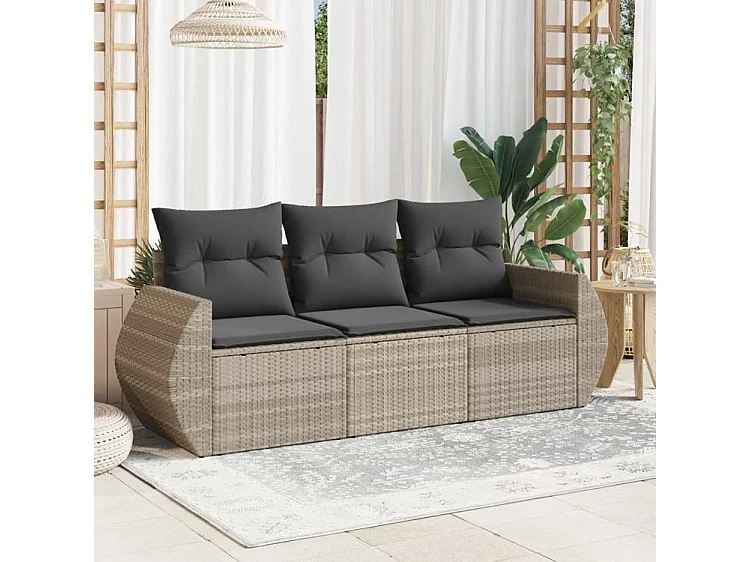 Salon de jardin avec coussins 3 pcs gris clair résine tressée
