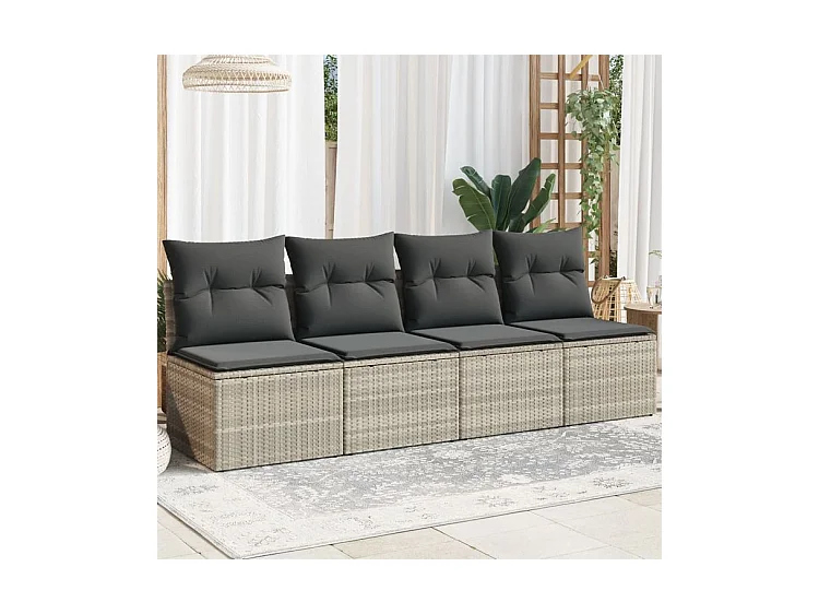 Canapé de jardin et coussins 4 places gris clair résine tressée