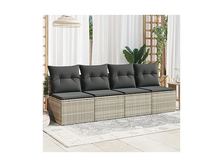 Canapé de jardin et coussins 4 places gris clair résine tressée