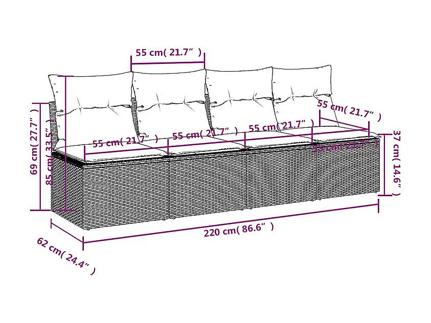 Canapé de jardin et coussins 4 places gris clair résine tressée