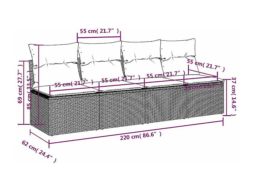 Canapé de jardin et coussins 4 places gris clair résine tressée