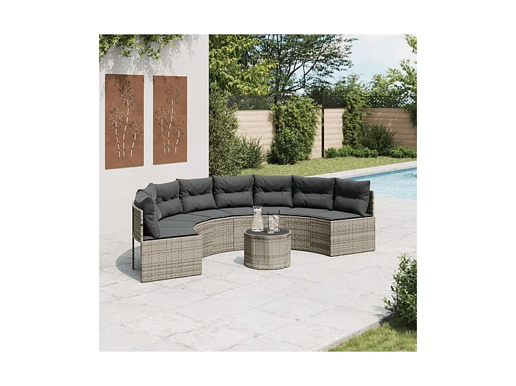 Canapé de jardin table coussins demi-rond gris résine tressée