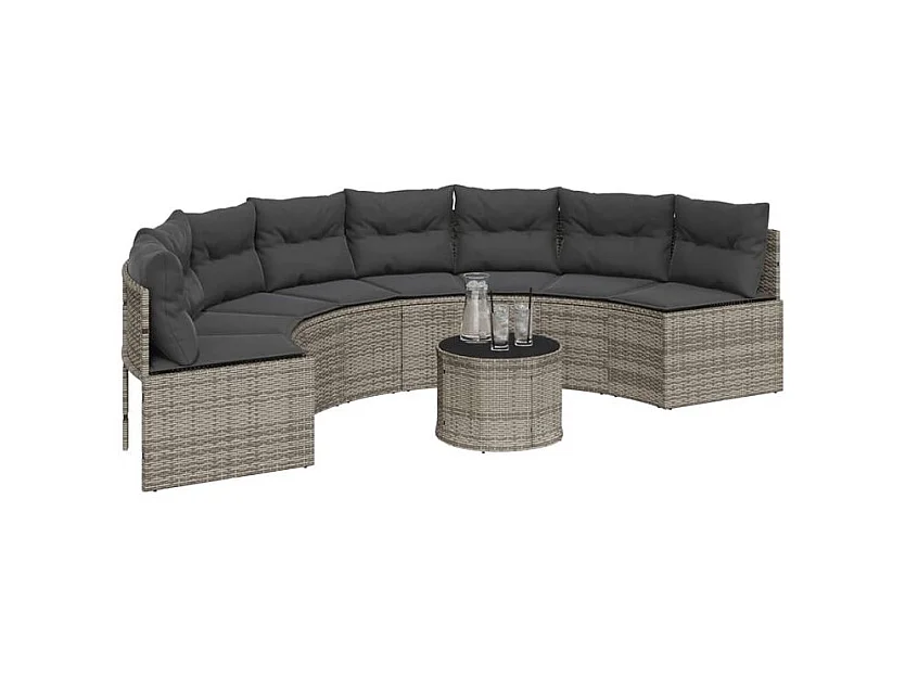 Canapé de jardin table coussins demi-rond gris résine tressée