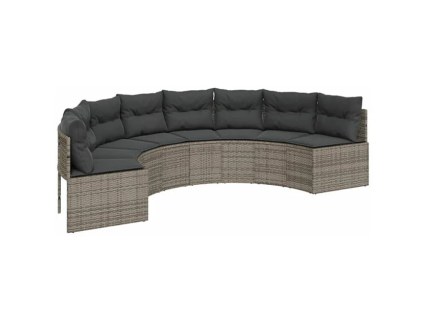 Canapé de jardin table coussins demi-rond gris résine tressée