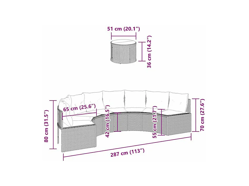 Canapé de jardin table coussins demi-rond gris résine tressée