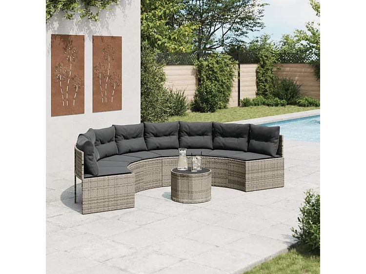 Canapé de jardin table coussins demi-rond gris résine tressée