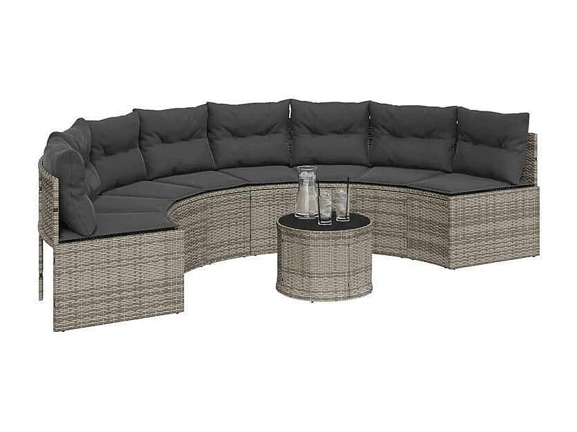 Canapé de jardin table coussins demi-rond gris résine tressée