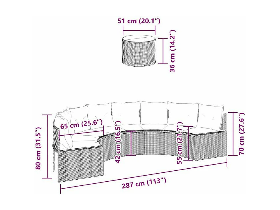 Canapé de jardin table coussins demi-rond gris résine tressée