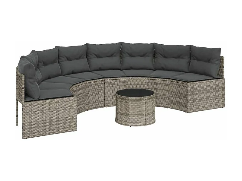 Canapé de jardin table coussins demi-rond gris résine tressée