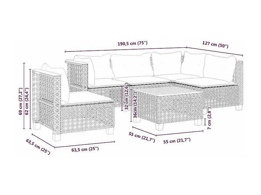 Salon de jardin 6 pcs avec coussins gris résine tressée