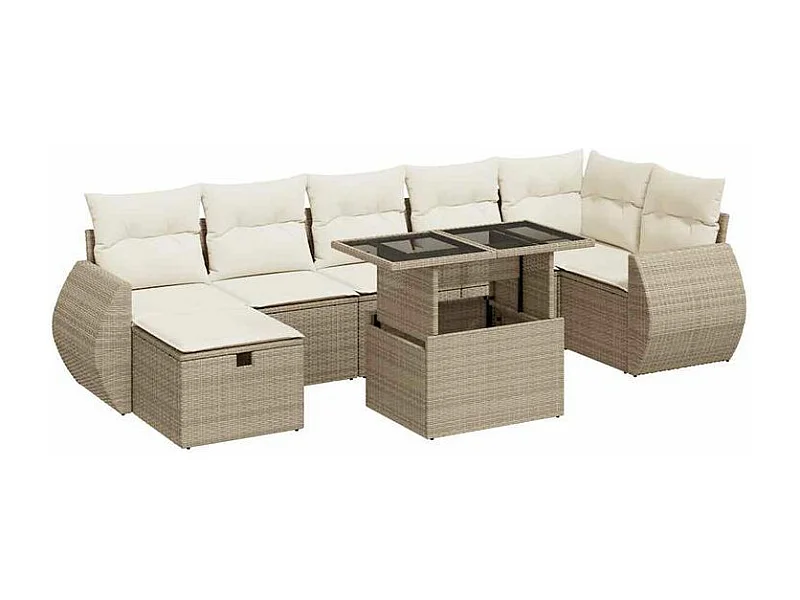 Salon de jardin avec coussins 8 pcs beige résine tressée