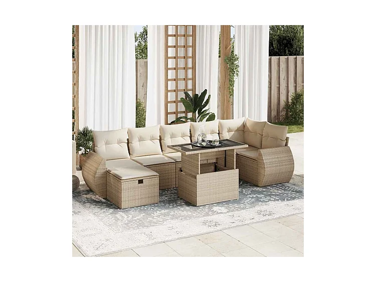 Salon de jardin avec coussins 8 pcs beige résine tressée