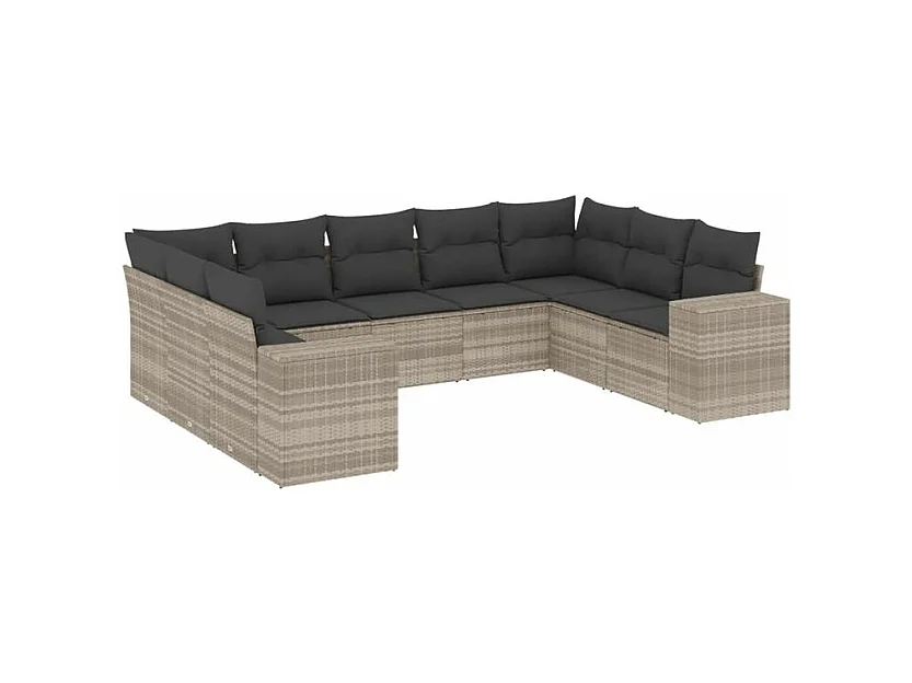 Salon de jardin 9 pcs avec coussins gris clair résine tressée