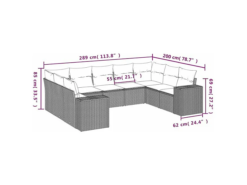 Salon de jardin 9 pcs avec coussins gris clair résine tressée