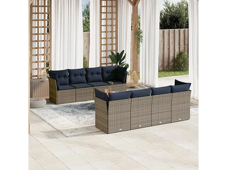 Salon de jardin 9 pcs avec coussins gris résine tressée