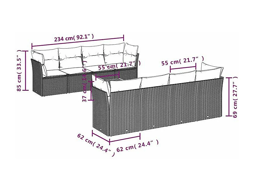Salon de jardin 9 pcs avec coussins gris résine tressée