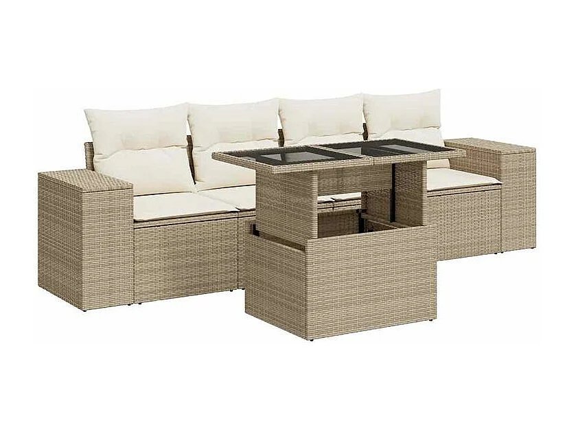 Salon de jardin avec coussins 5 pcs beige résine tressée