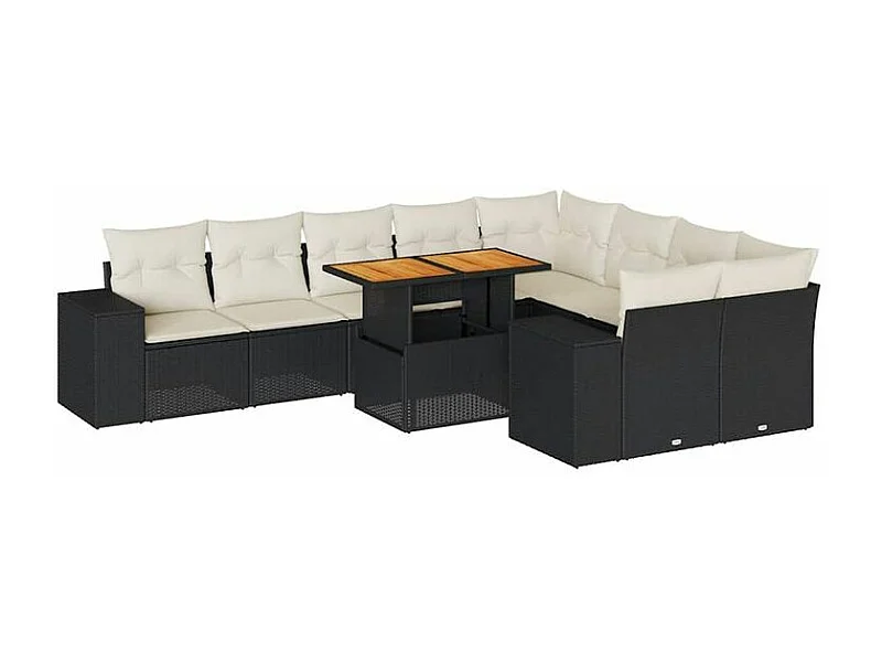 Salon de jardin 10 pcs avec coussins noir résine tressée acacia