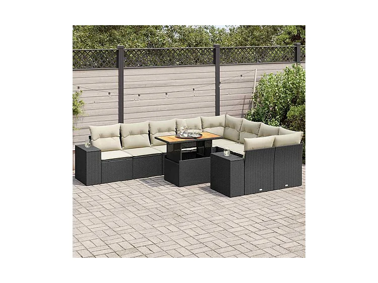 Salon de jardin 10 pcs avec coussins noir résine tressée acacia