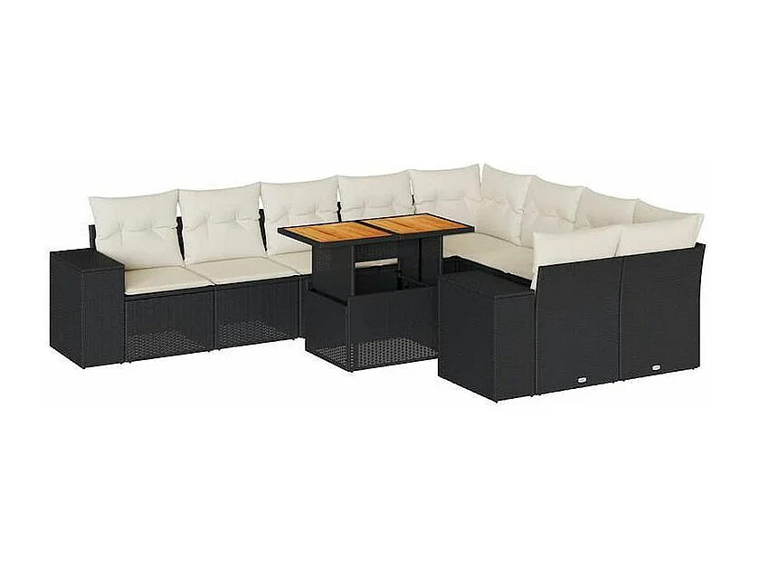 Salon de jardin 10 pcs avec coussins noir résine tressée acacia