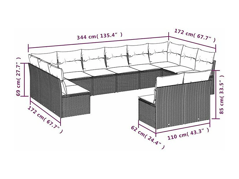 Salon de jardin avec coussins 12 pcs gris clair résine tressée