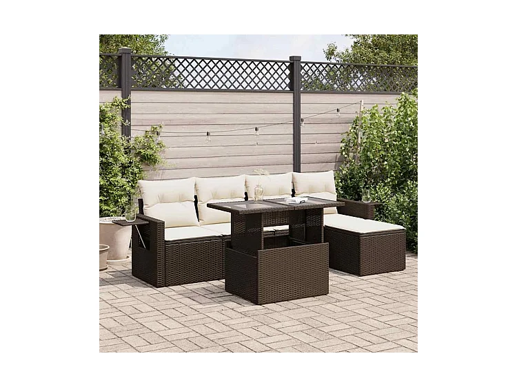 Salon de jardin avec coussins 6 pcs marron résine tressée
