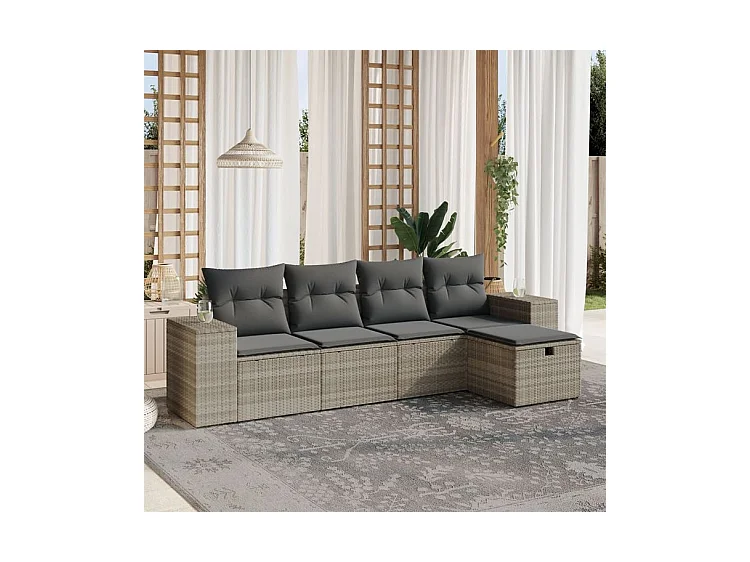 Salon de jardin 5 pcs avec coussins gris clair résine tressée