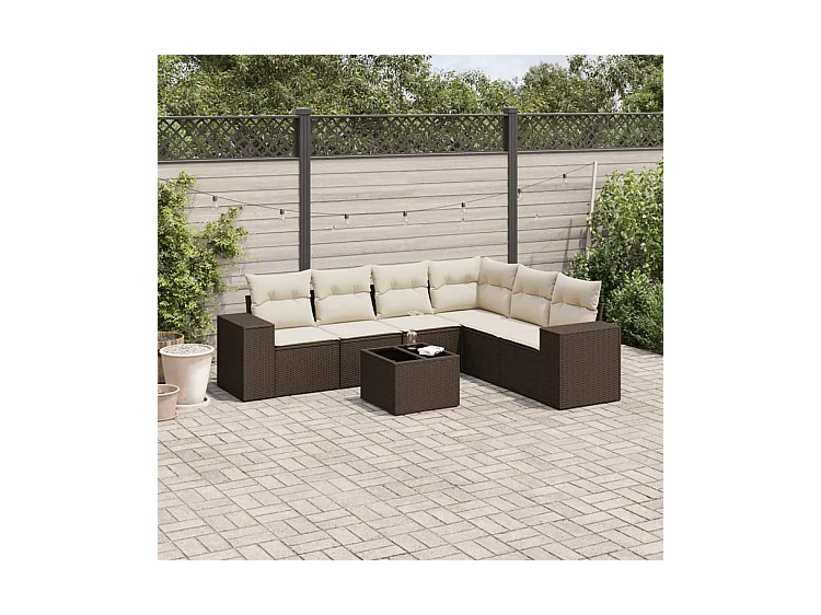 Salon de jardin avec coussins 7 pcs marron résine tressée