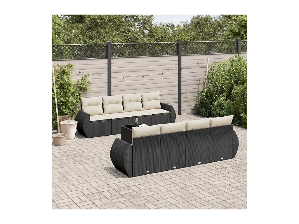 Salon de jardin 9 pcs avec coussins noir résine tressée