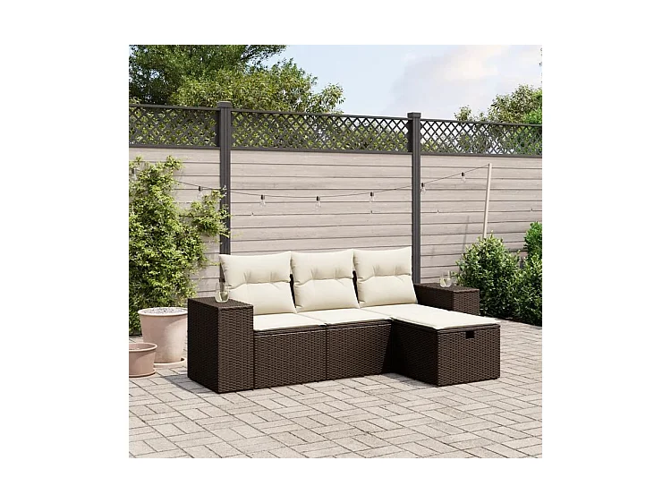 Salon de jardin 4 pcs avec coussins marron résine tressée