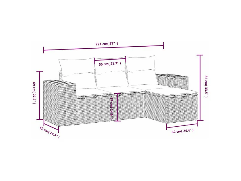 Salon de jardin 4 pcs avec coussins marron résine tressée