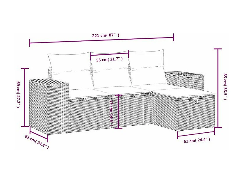 Salon de jardin 4 pcs avec coussins marron résine tressée