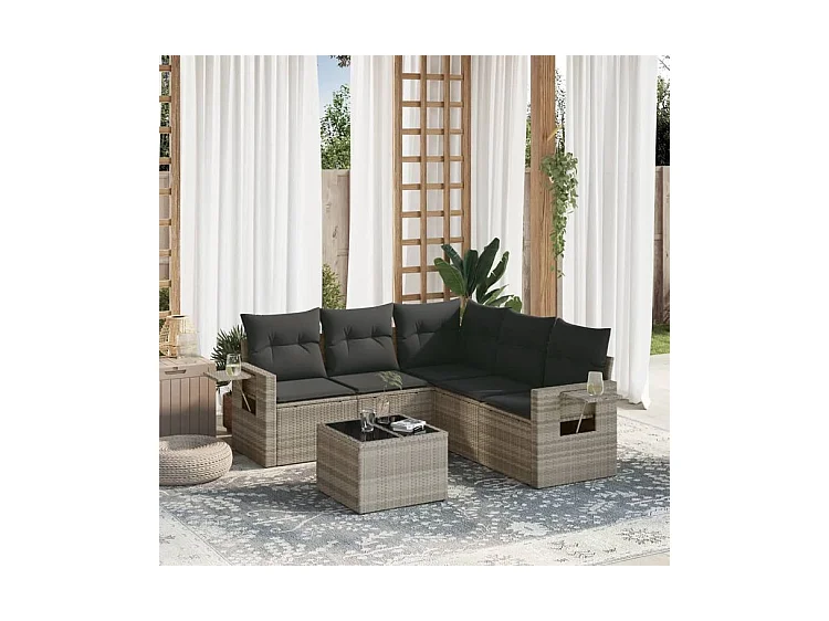 Salon de jardin 6 pcs avec coussins gris clair résine tressée