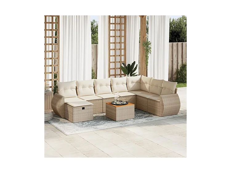 Salon de jardin avec coussins 9 pcs beige résine tressée