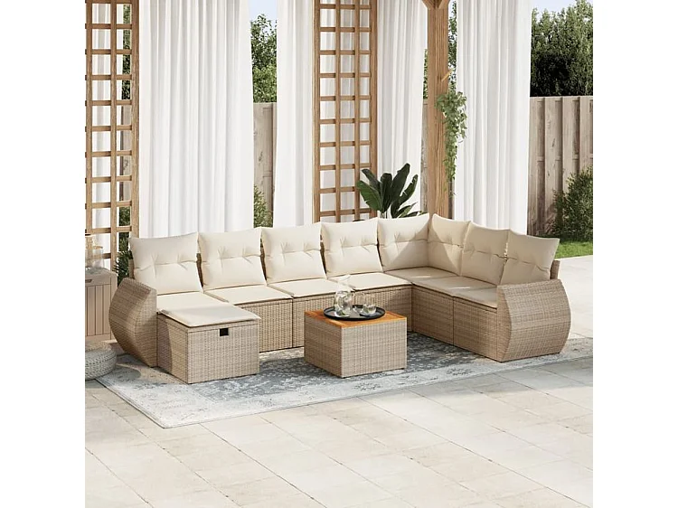 Salon de jardin avec coussins 9 pcs beige résine tressée
