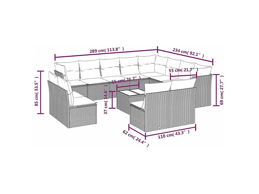 Salon de jardin avec coussins 13 pcs marron résine tressée