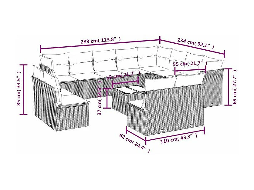Salon de jardin avec coussins 13 pcs marron résine tressée
