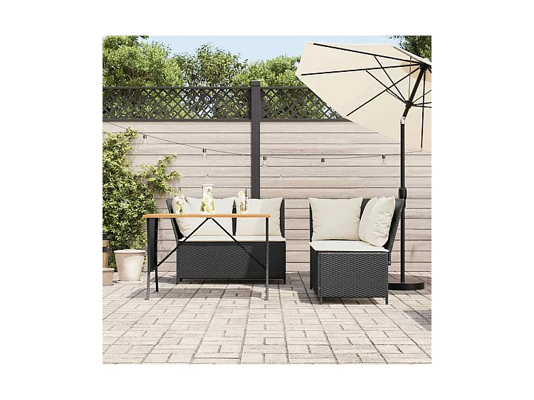 Salon de jardin 3 pcs avec coussins noir résine tressée