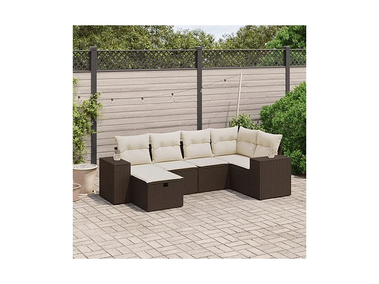 Salon de jardin avec coussins 6 pcs marron résine tressée