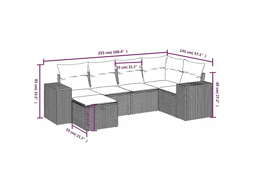 Salon de jardin avec coussins 6 pcs marron résine tressée