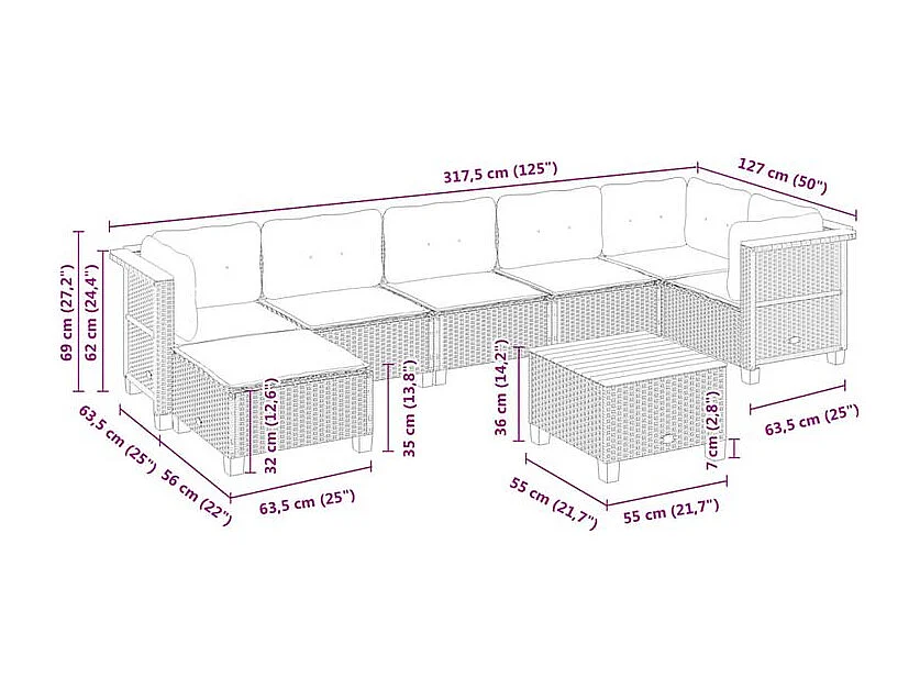 Salon de jardin 8 pcs avec coussins noir résine tressée