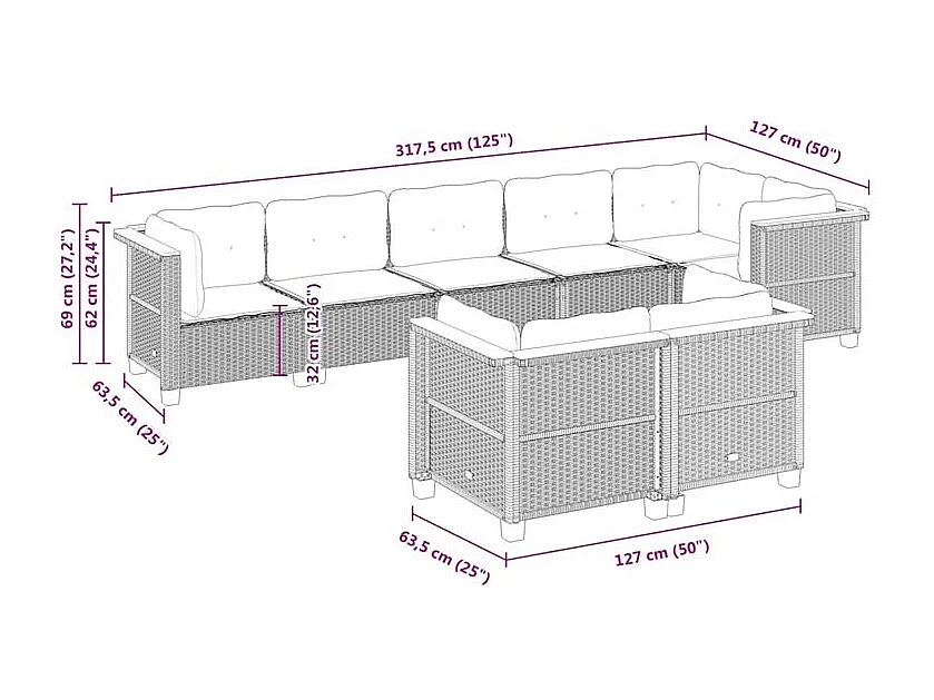 Salon de jardin 8 pcs avec coussins noir résine tressée