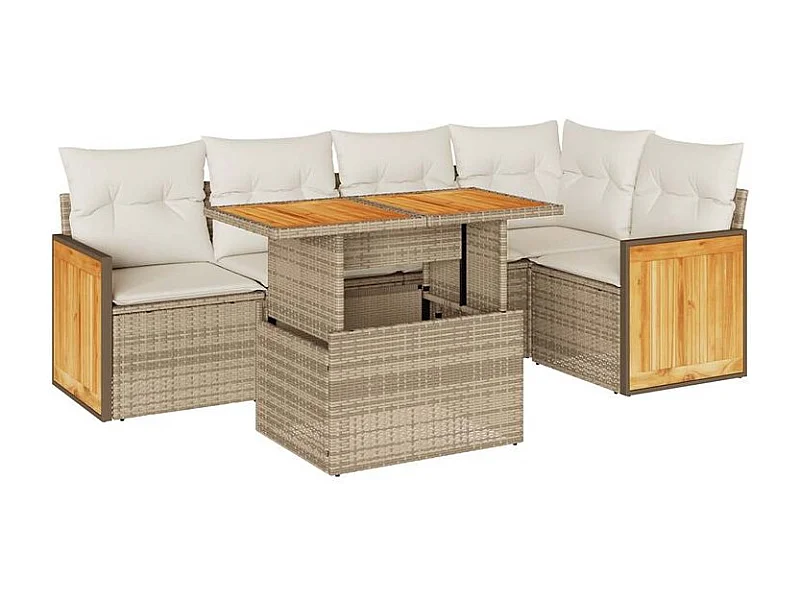 Salon de jardin 6 pcs avec coussins beige résine tressée acacia