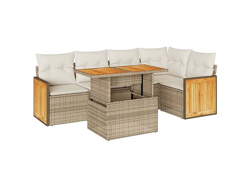 Salon de jardin 6 pcs avec coussins beige résine tressée acacia