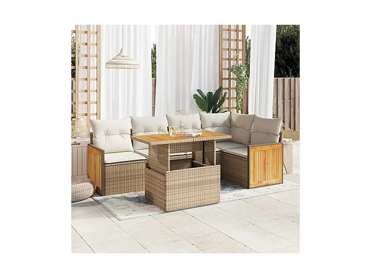 Salon de jardin 6 pcs avec coussins beige résine tressée acacia