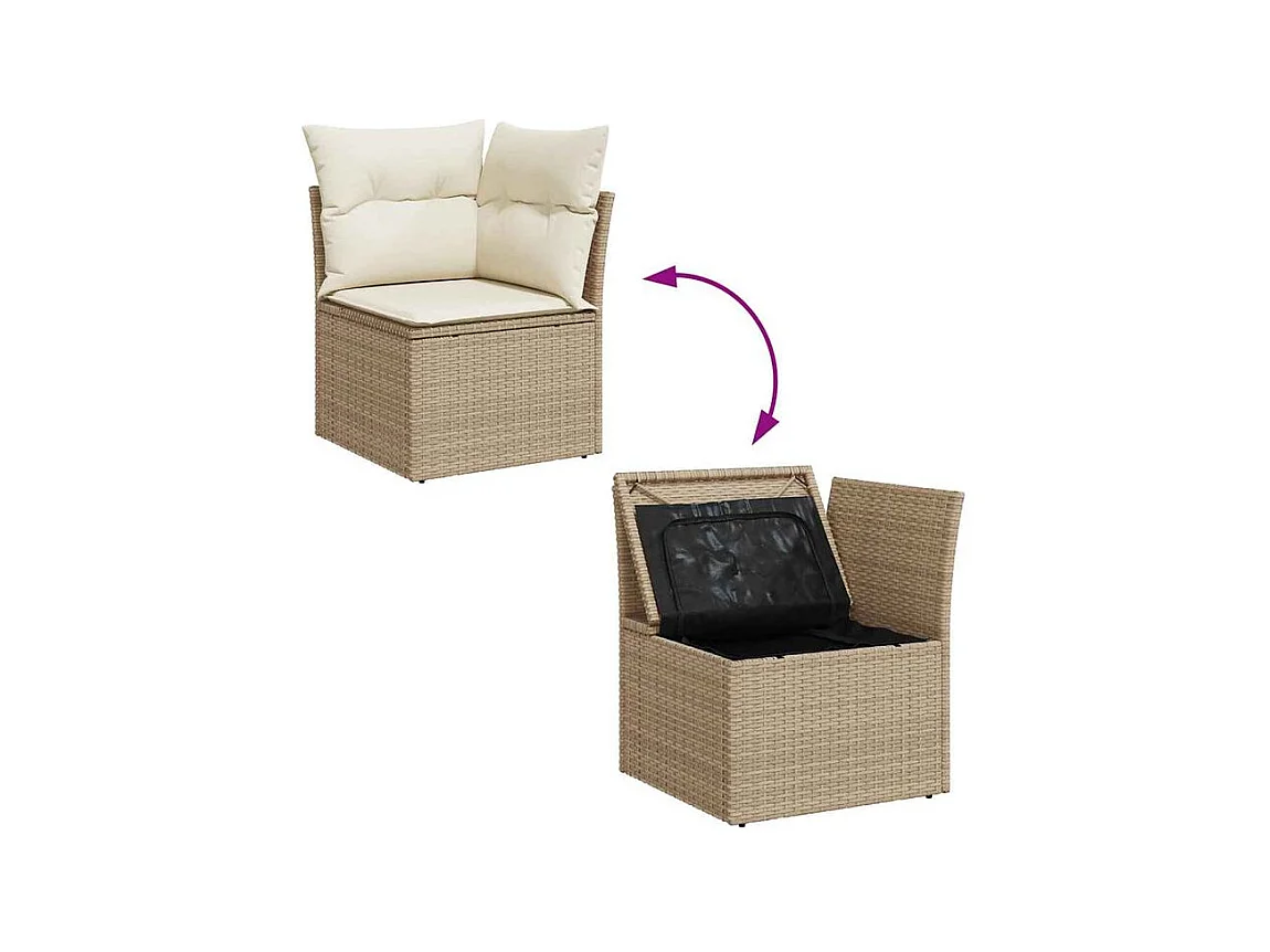 Salon de jardin 6 pcs avec coussins beige résine tressée acacia