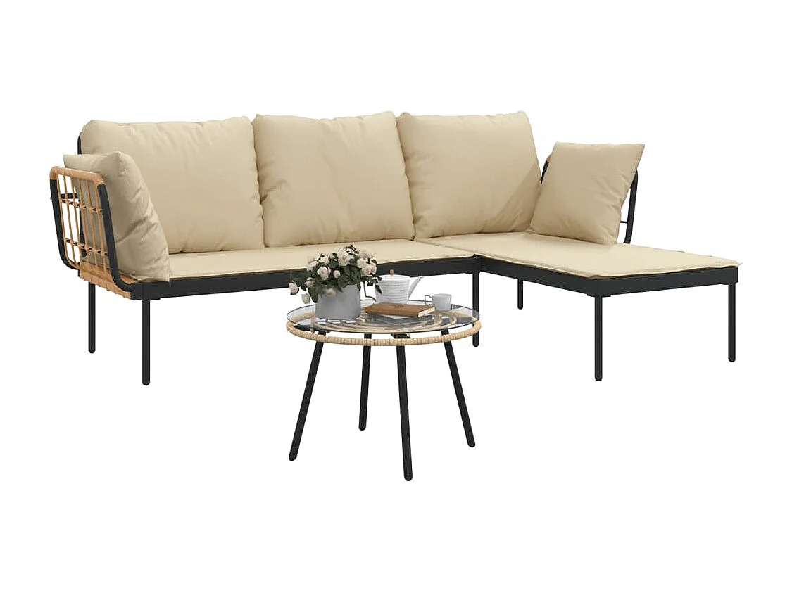 Salon de jardin 3 pcs avec coussins beiges résine tressée