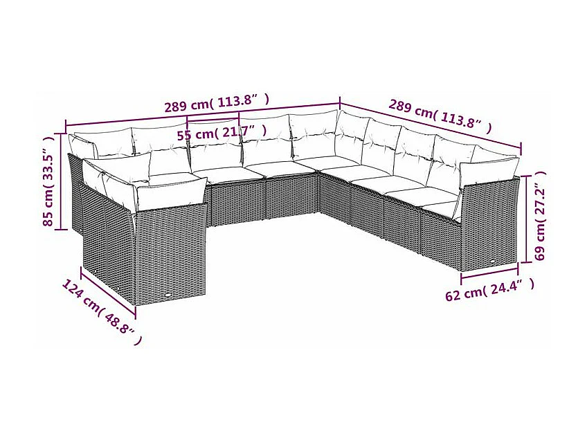 Salon de jardin 11 pcs avec coussins gris clair résine tressée