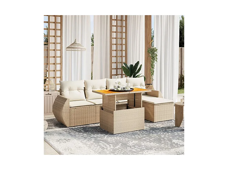 Salon de jardin avec coussins 6 pcs beige résine tressée